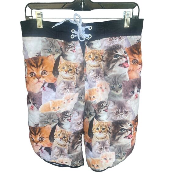 Bioworld Cat Print Swim Shorts Mens Medium Built in Brief AOP Lace Up Beach - Picture 1 of 12